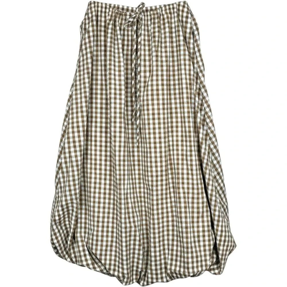 Emerson Lang Skirt XL Bubble Balloon Hem Midi Gingham Cottage Boho Brown Plaid